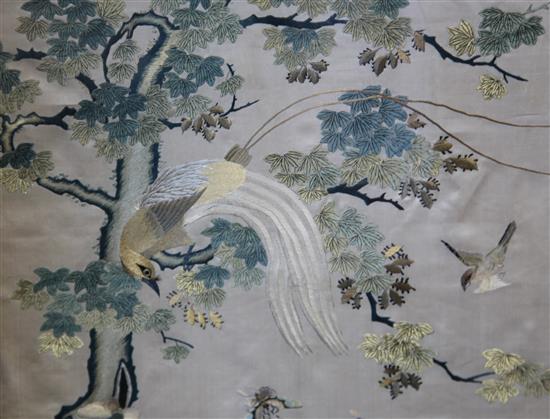 A Chinese Hundred Birds embroidered four-fold screen, early 20th century